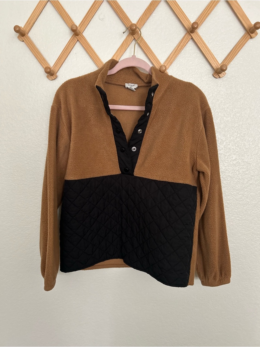 J. Crew Two-Tone Quilted Panel Fleece Pullover - Brown & Black